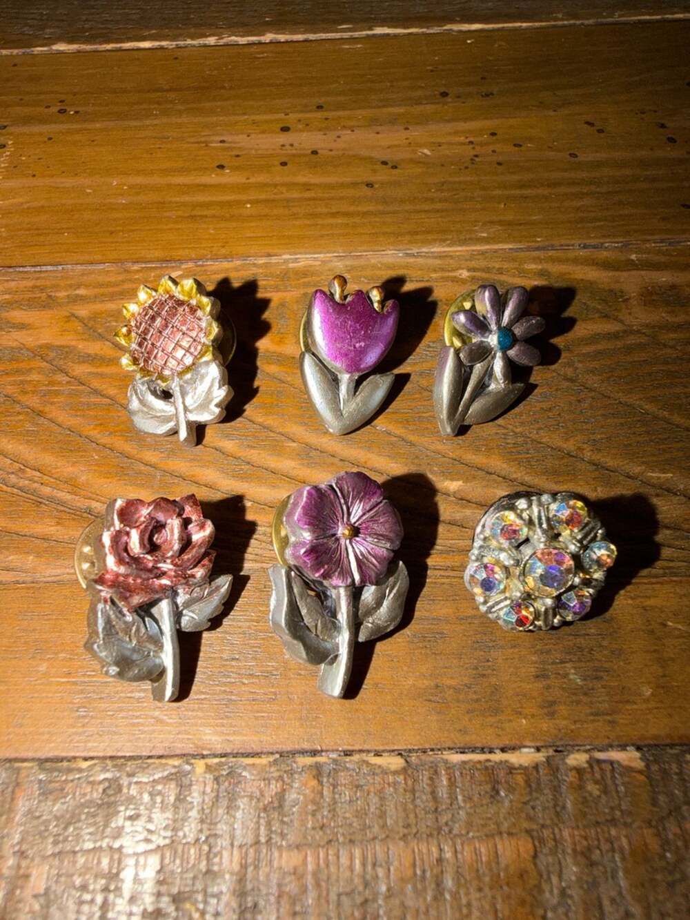 Vintage Floral Enamel and Rhinestone Lapel Pin Set